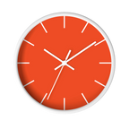 Dragon fire red silent wall clock, white base, white hands, white markers, 10 inch, front view.