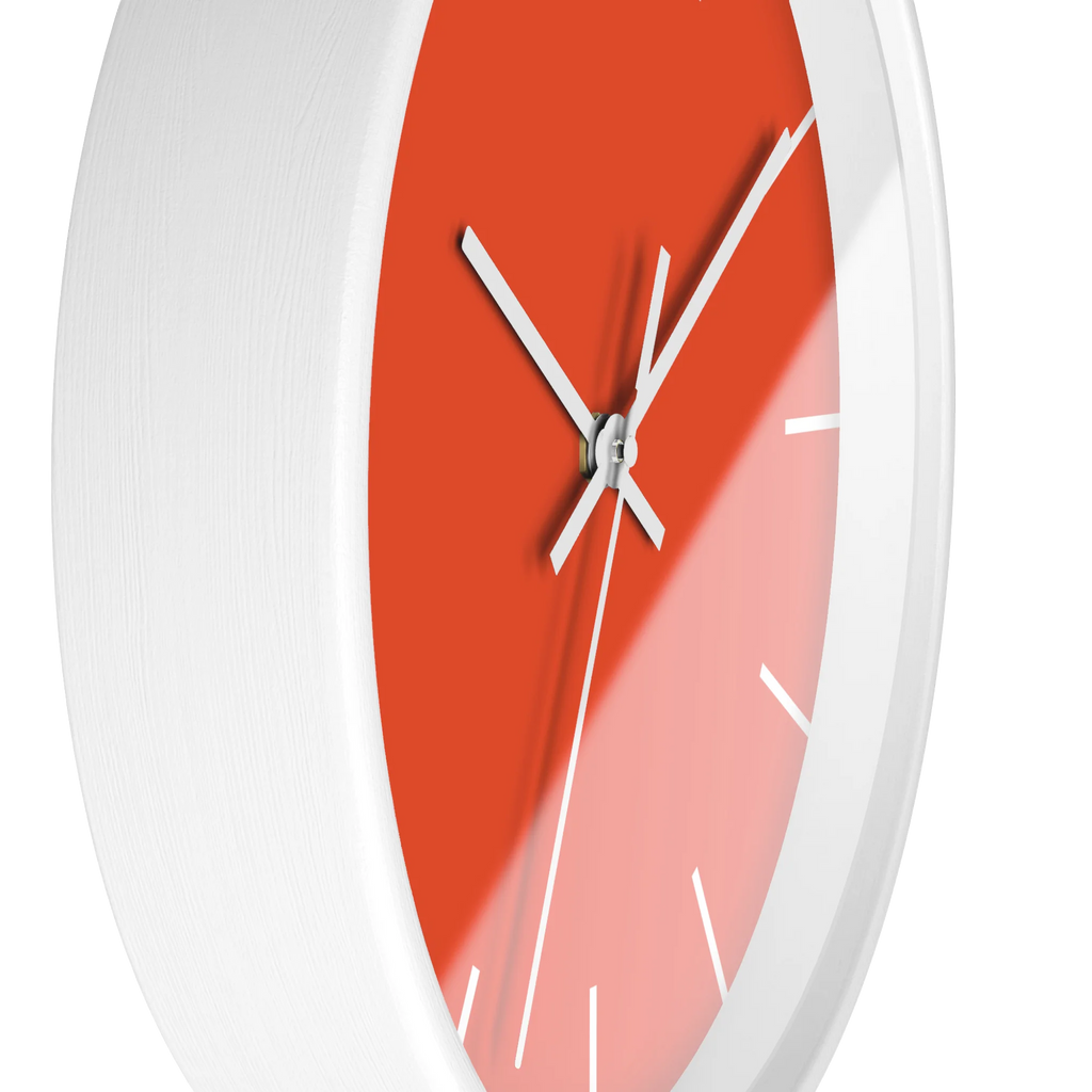 Dragon fire red silent wall clock, white base, white hands, white markers, 10 inch, side view.