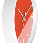 Dragon fire red silent wall clock, white base, white hands, white markers, 10 inch, side view.