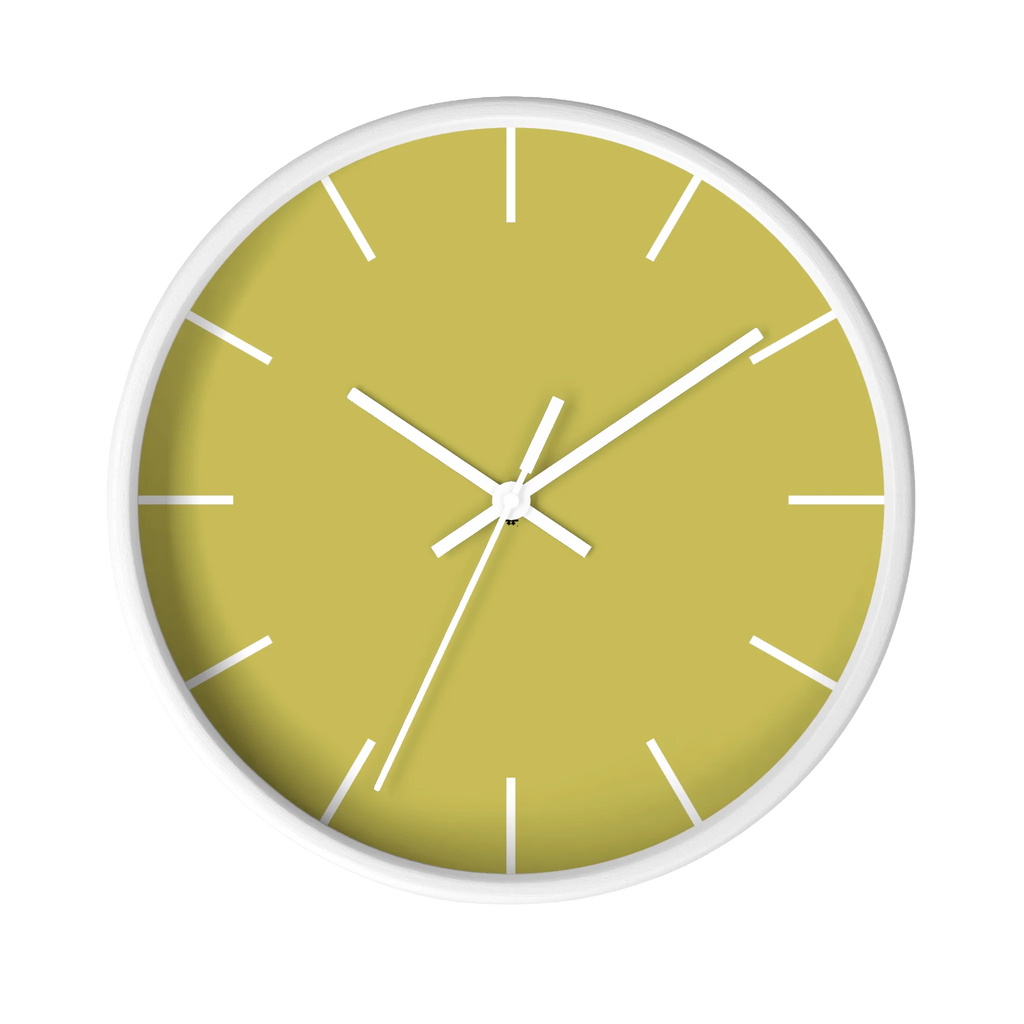 Dull gold yellow silent wall clock, white base, white hands, white markers, 10 inch, front view.