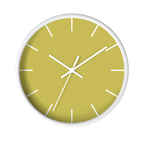 Dull gold yellow silent wall clock, white base, white hands, white markers, 10 inch, front view.