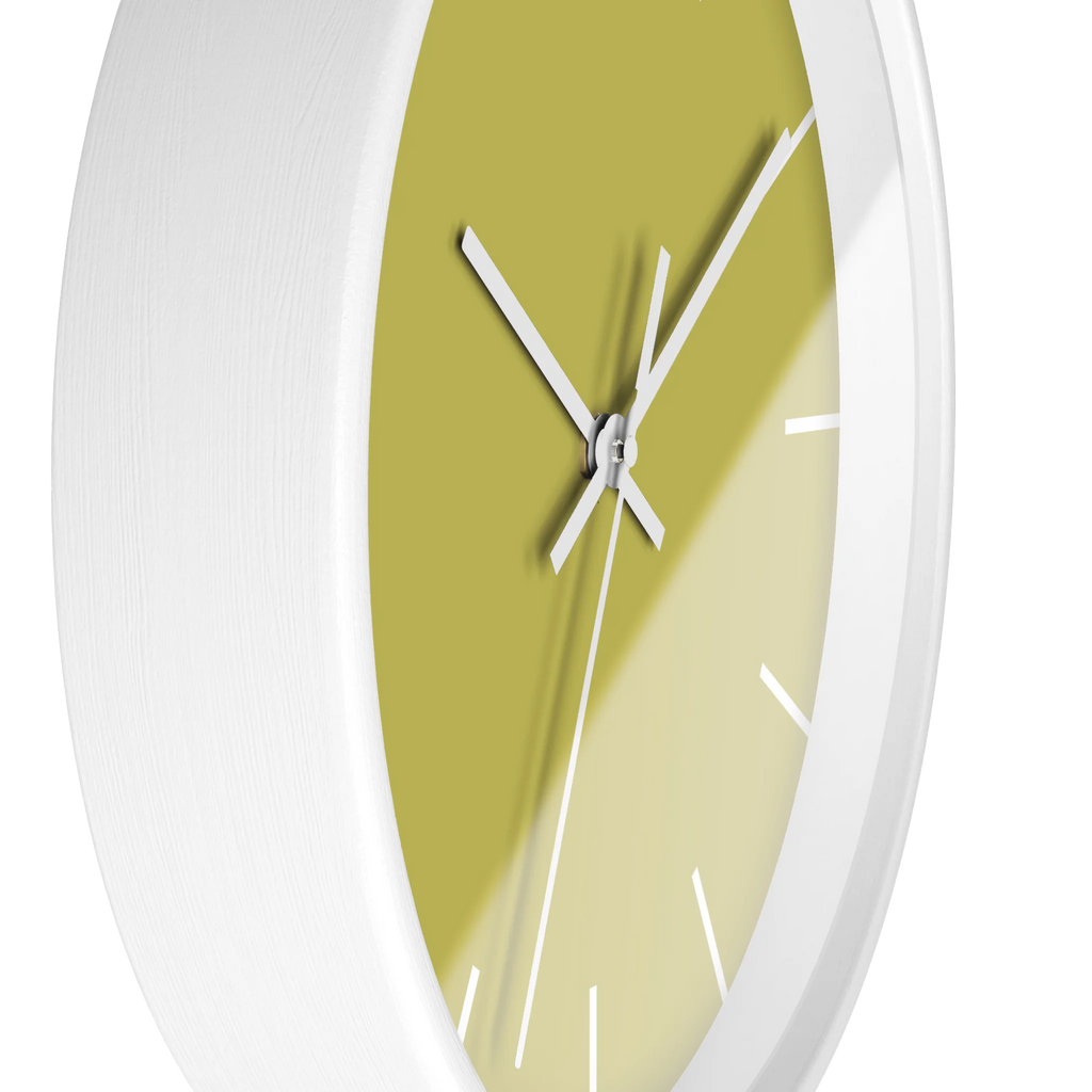 Dull gold yellow silent wall clock, white base, white hands, white markers, 10 inch, side view.
