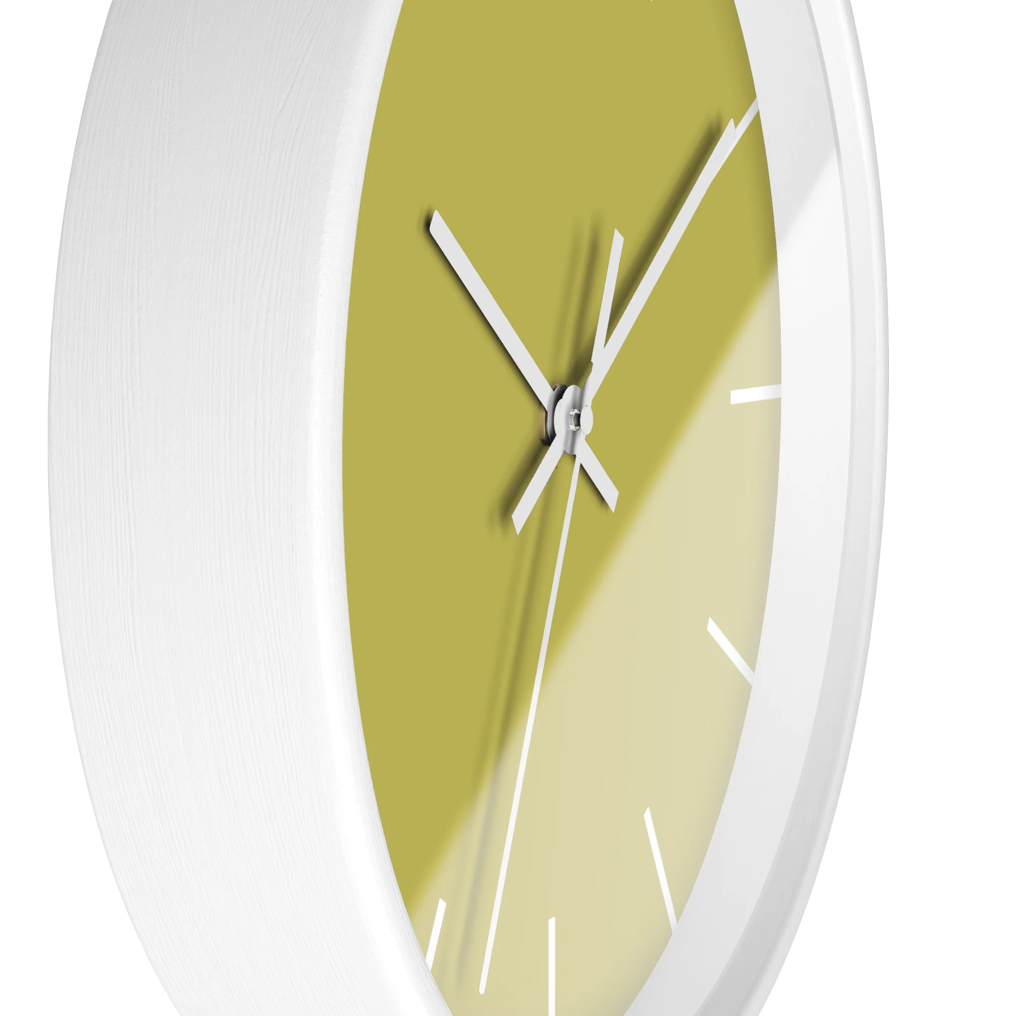 Dull gold yellow silent wall clock, white base, white hands, white markers, 10 inch, side view.