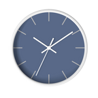 Dust blue silent wall clock, white base, white hands, light grey markers, 10 inch, front view.