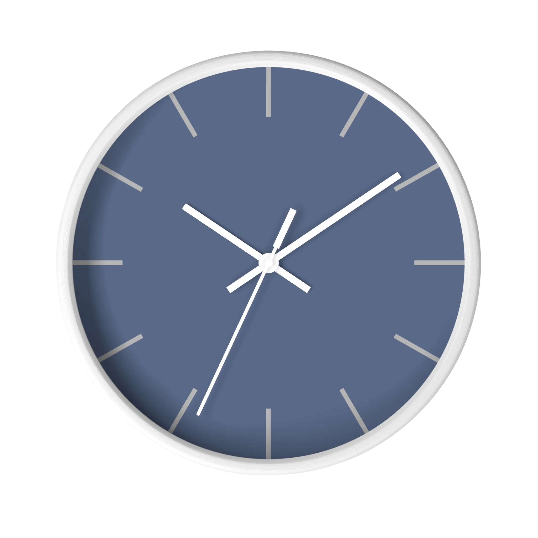 Dust blue silent wall clock, white base, white hands, light grey markers, 10 inch, front view.