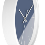 Dust blue silent wall clock, white base, white hands, light grey markers, 10 inch, side view.