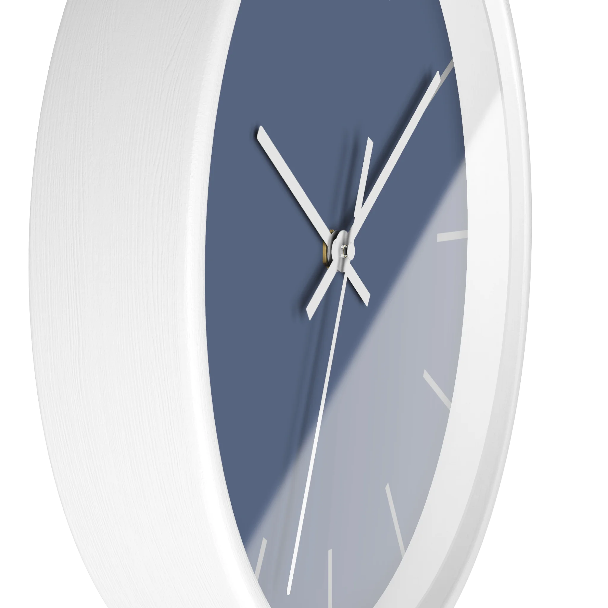 Dust blue silent wall clock, white base, white hands, light grey markers, 10 inch, side view.