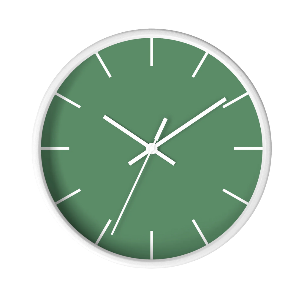 Dust green silent wall clock, white base, white hands, white markers, 10 inch, front view.
