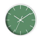 Dust green silent wall clock, white base, white hands, white markers, 10 inch, front view.