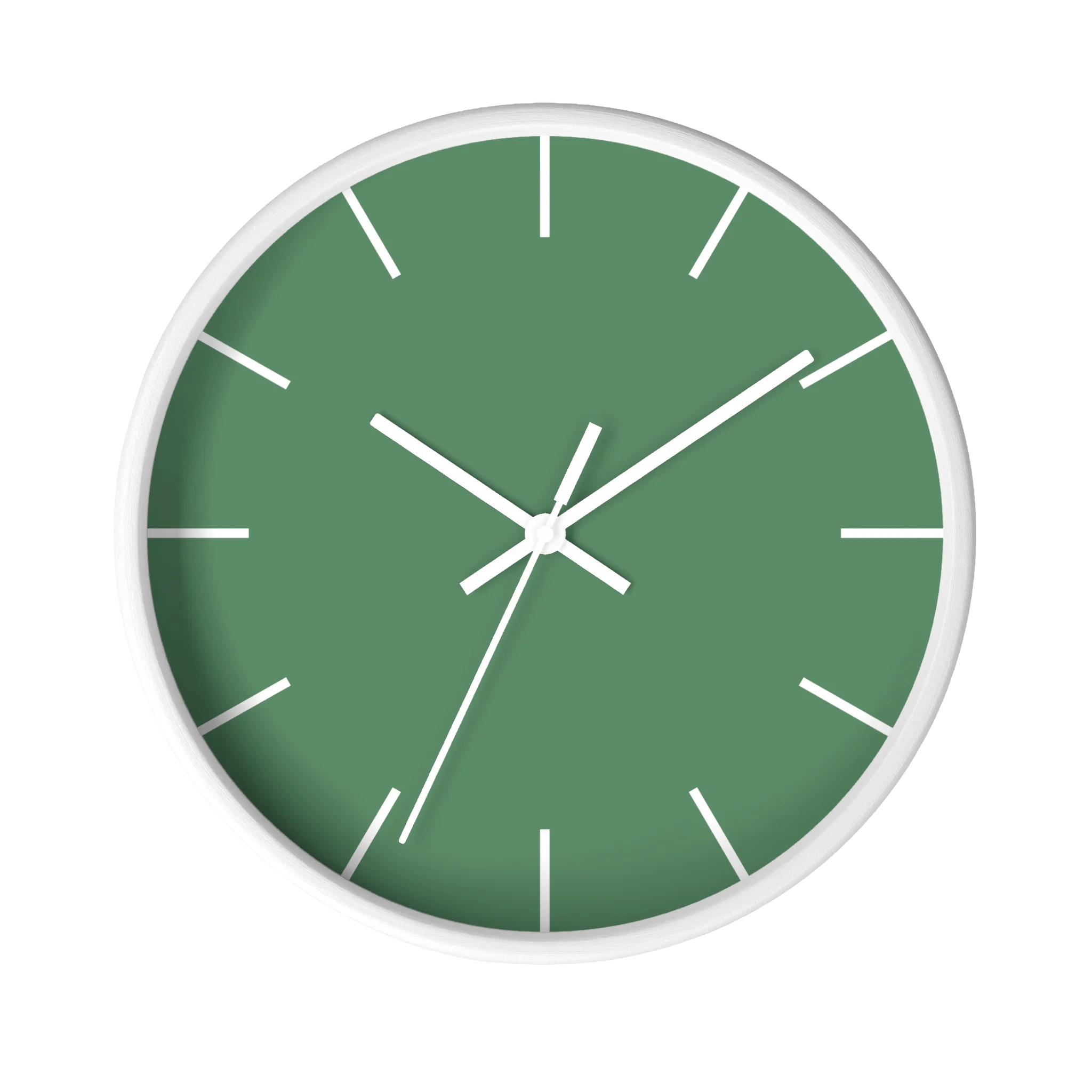 Dust green silent wall clock, white base, white hands, white markers, 10 inch, front view.