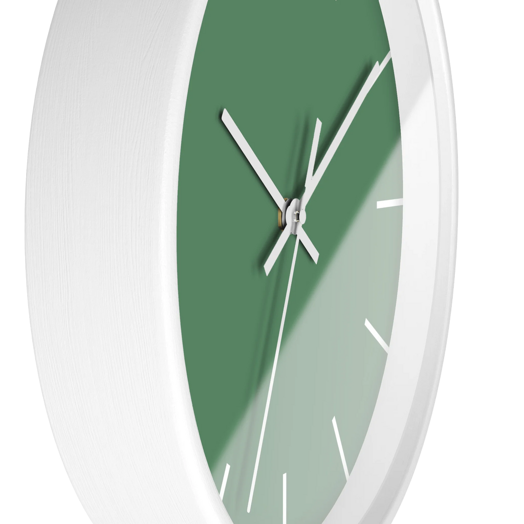 Dust green silent wall clock, white base, white hands, white markers, 10 inch, side view.