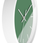 Dust green silent wall clock, white base, white hands, white markers, 10 inch, side view.