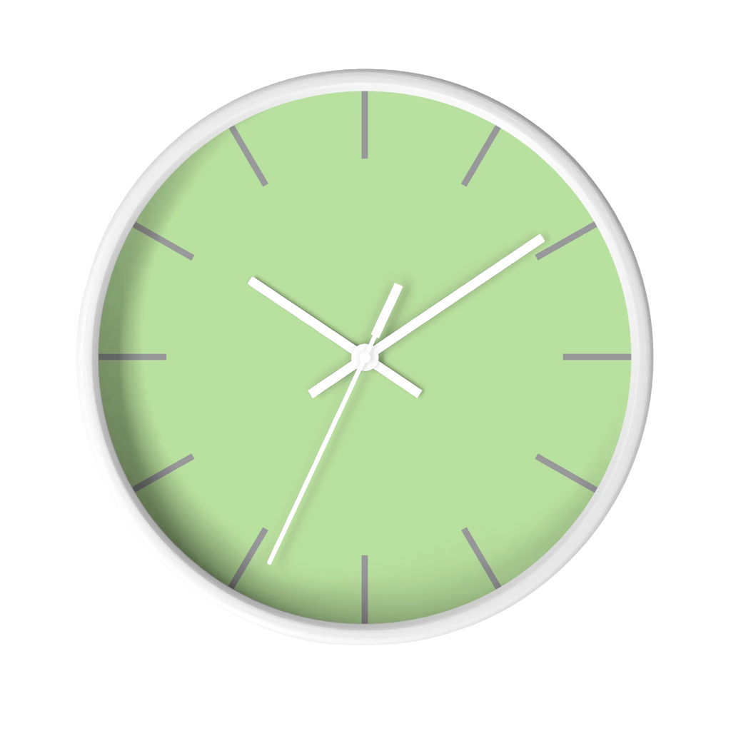 Fresh green mint silent wall clock, white base, white hands, grey markers, 10 inch, front view.