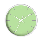 Fresh green mint silent wall clock, white base, white hands, grey markers, 10 inch, front view.