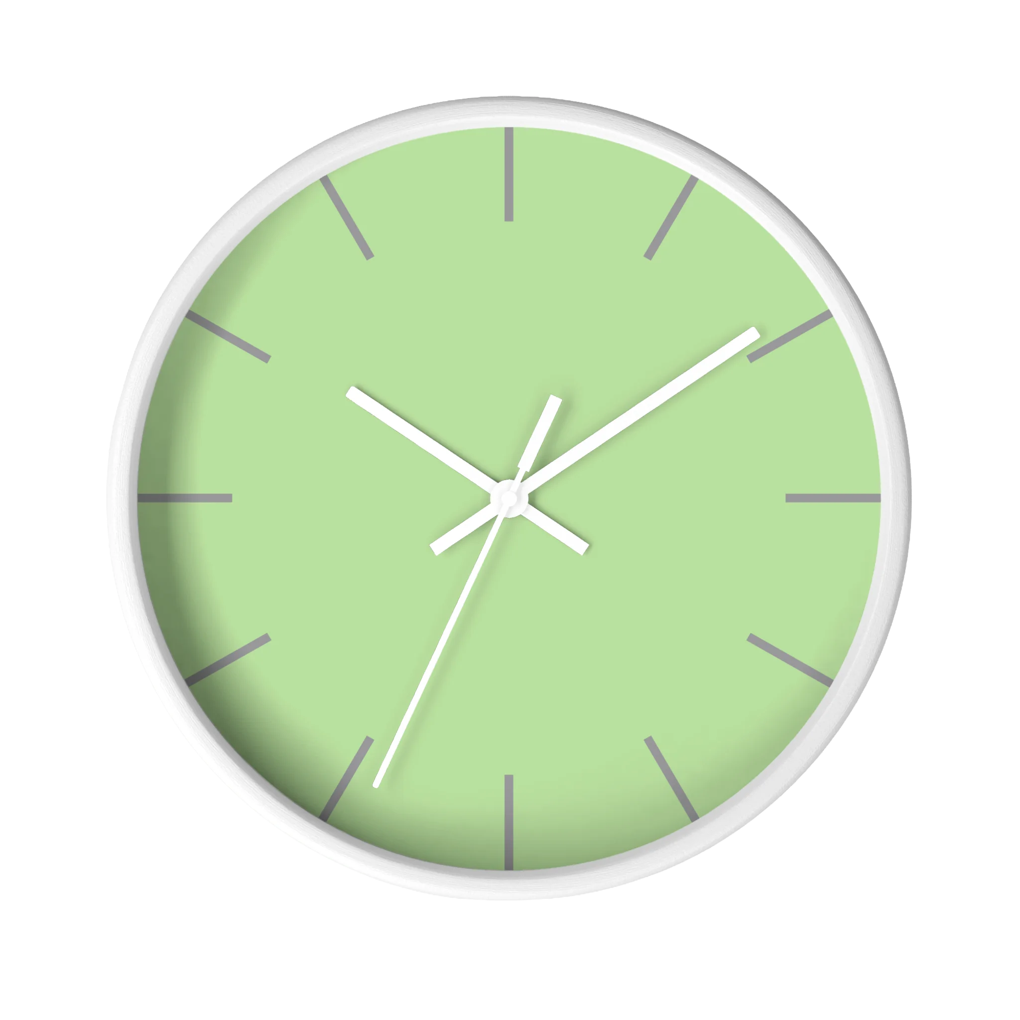 Fresh green mint silent wall clock, white base, white hands, grey markers, 10 inch, front view.