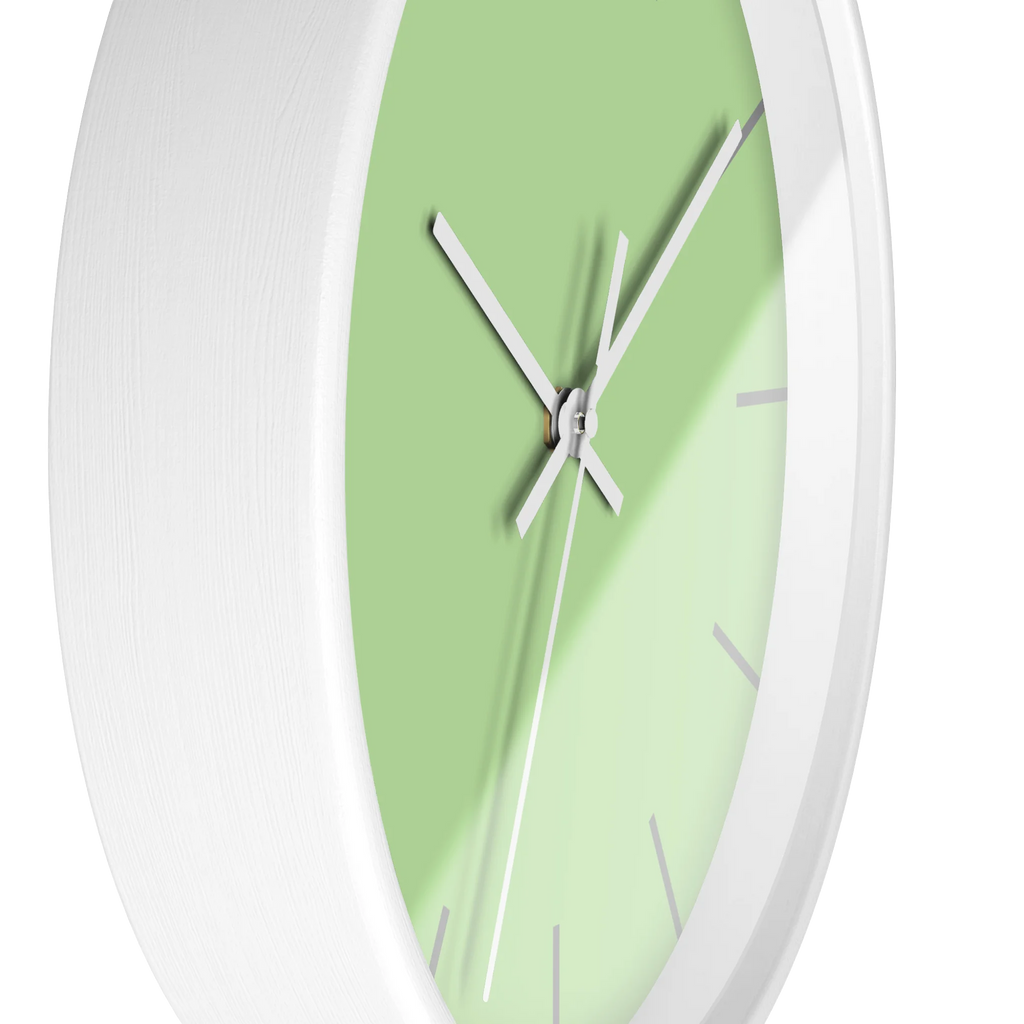 Fresh green mint silent wall clock, white base, white hands, grey markers, 10 inch, side view.