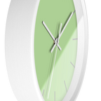 Fresh green mint silent wall clock, white base, white hands, grey markers, 10 inch, side view.