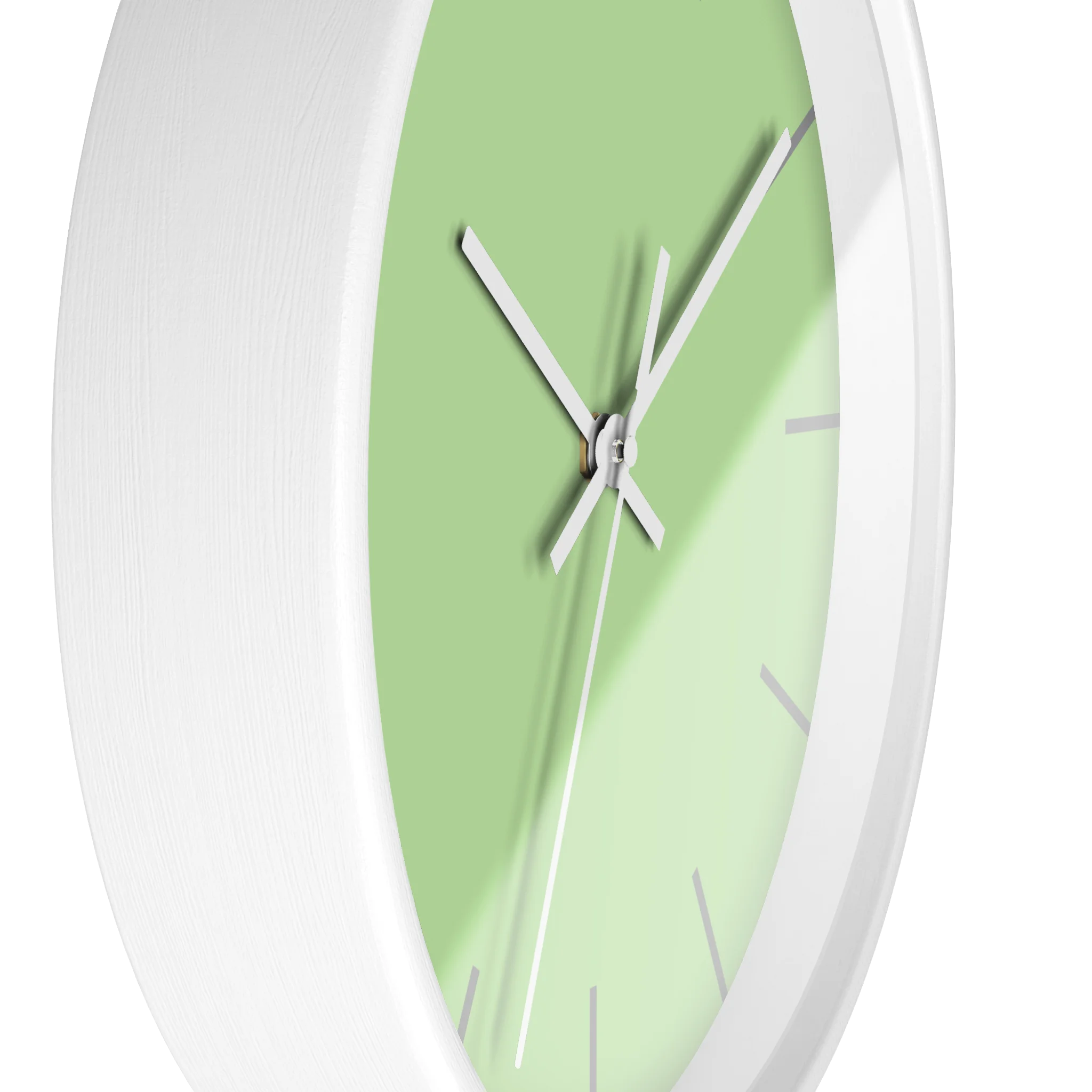 Fresh green mint silent wall clock, white base, white hands, grey markers, 10 inch, side view.