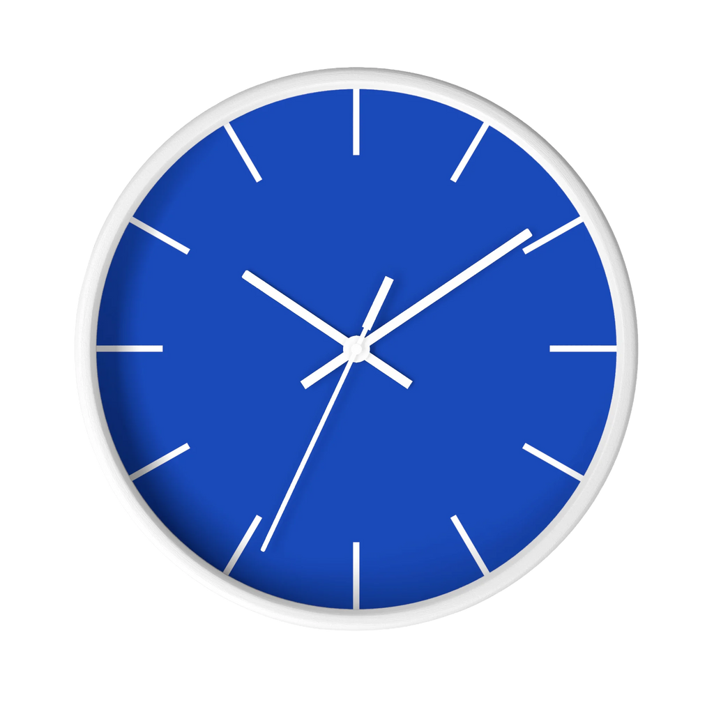 Funky Blue silent wall clock, white base, white hands, white markers, 10 inch, front view.