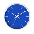 Funky Blue silent wall clock, white base, white hands, white markers, 10 inch, front view.