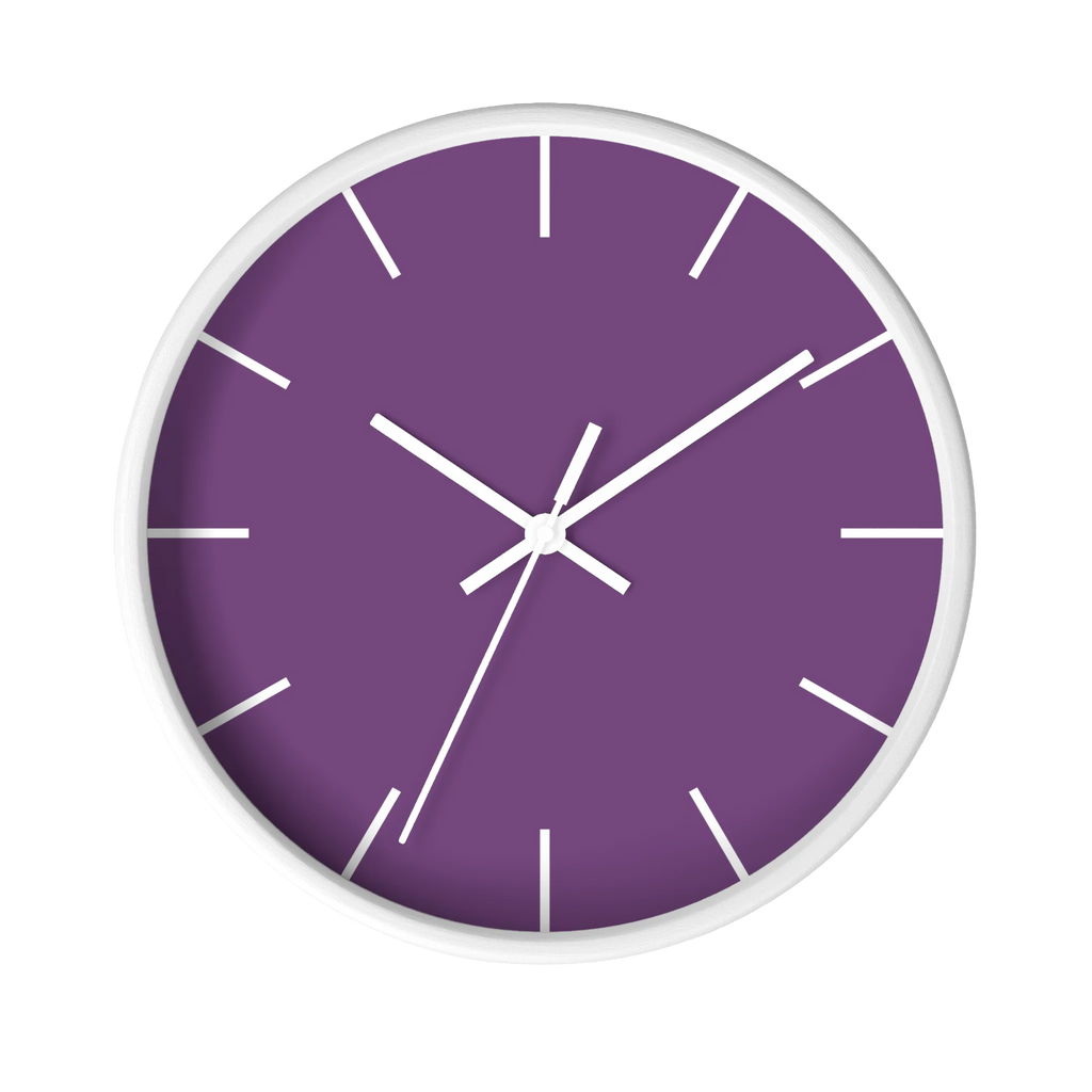 Garlic Purple silent wall clock, white base, white hands, white markers, 10 inch, front view.