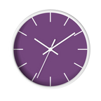 Garlic Purple silent wall clock, white base, white hands, white markers, 10 inch, front view.