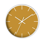 Gold ochre mustard silent wall clock, white base, white hands, white markers, 10 inch, front view.