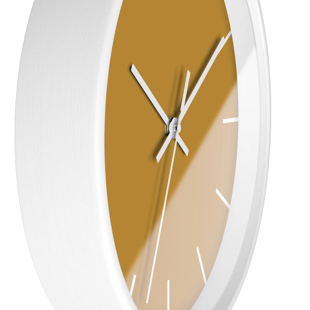 Gold ochre mustard silent wall clock, white base, white hands, white markers, 10 inch, side view.