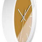 Gold ochre mustard silent wall clock, white base, white hands, white markers, 10 inch, side view.