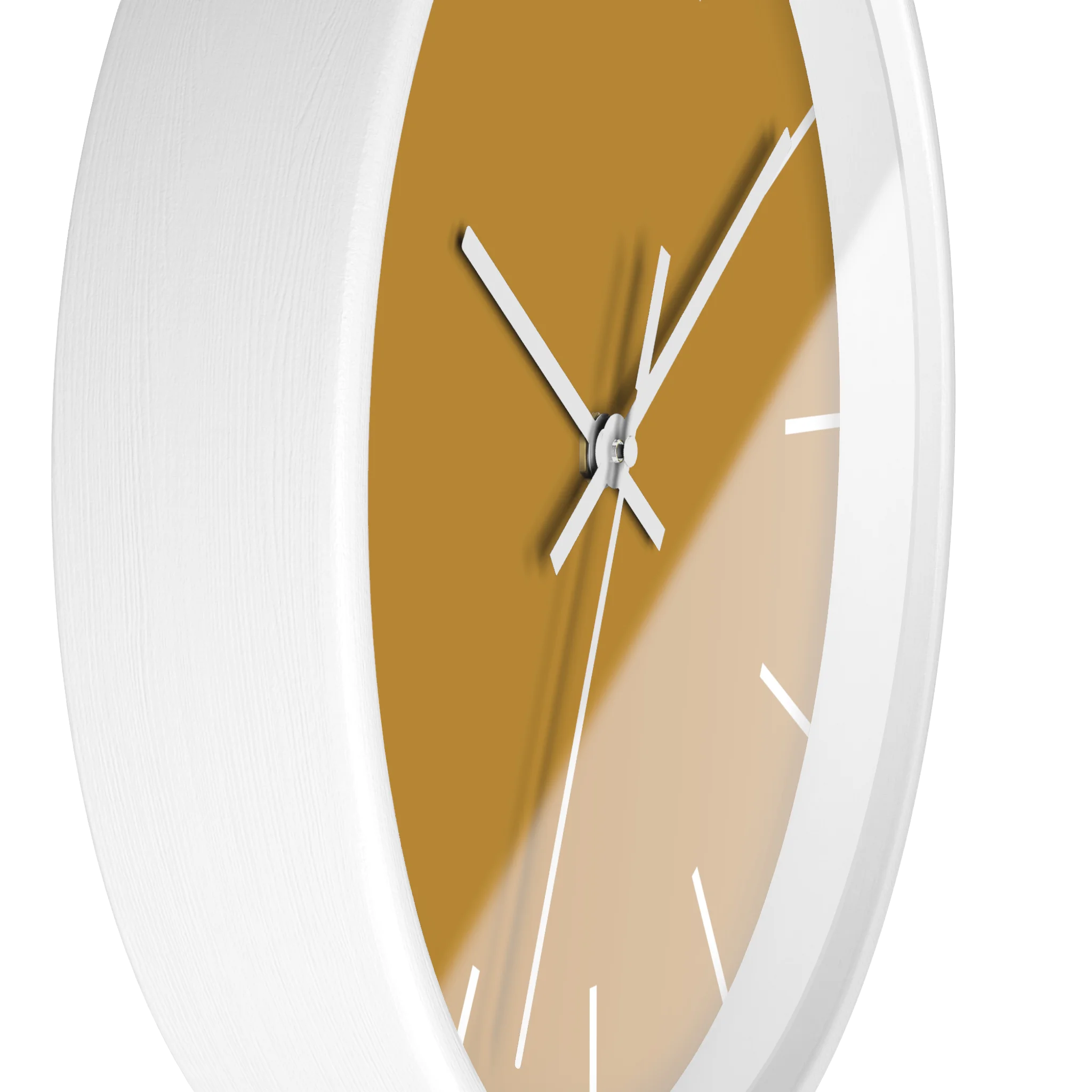 Gold ochre mustard silent wall clock, white base, white hands, white markers, 10 inch, side view.