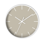 Ivory grey beige silent wall clock, white base, white hands, white markers, 10 inch, front view.