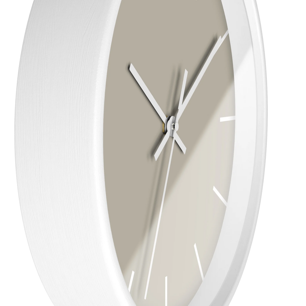 Ivory grey beige silent wall clock, white base, white hands, white markers, 10 inch, side view.