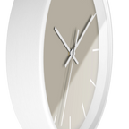 Ivory grey beige silent wall clock, white base, white hands, white markers, 10 inch, side view.