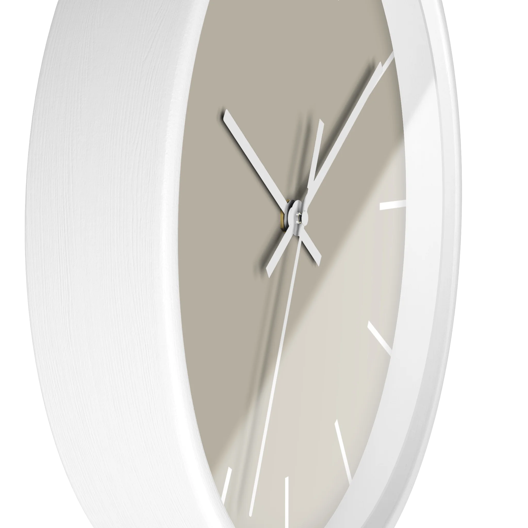 Ivory grey beige silent wall clock, white base, white hands, white markers, 10 inch, side view.