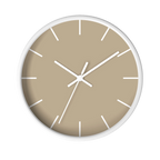 Beige jute silent wall clock, white base, white hands, white markers, 10 inch, front view.
