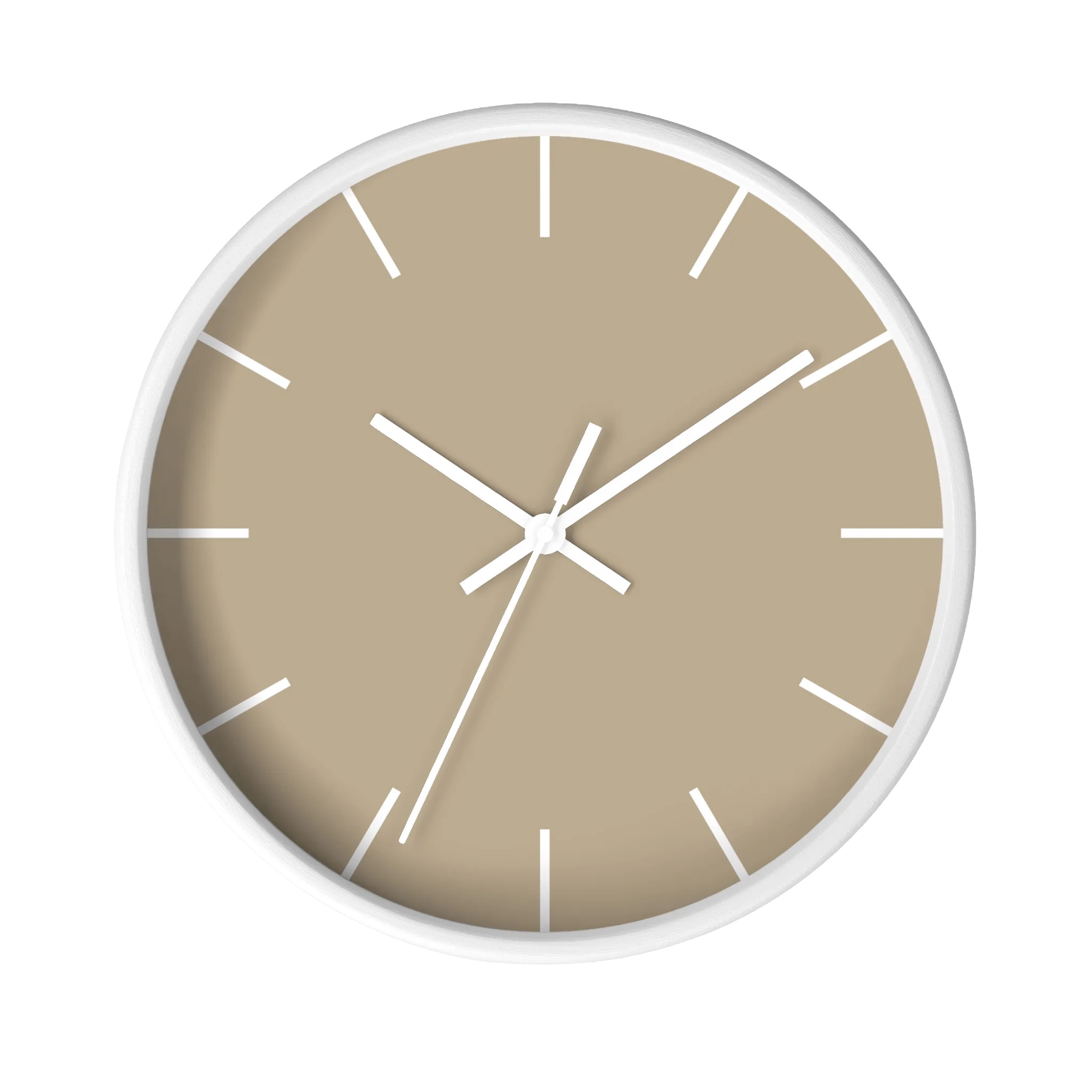 Beige jute silent wall clock, white base, white hands, white markers, 10 inch, front view.
