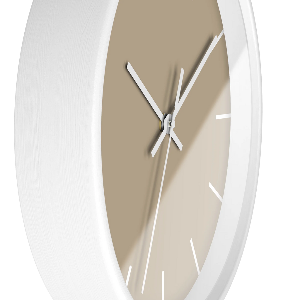 Beige jute silent wall clock, white base, white hands, white markers, 10 inch, side view.