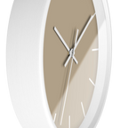 Beige jute silent wall clock, white base, white hands, white markers, 10 inch, side view.