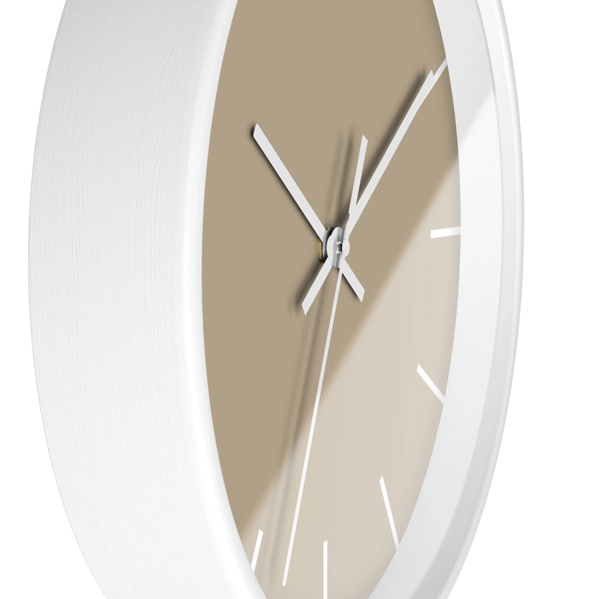 Beige jute silent wall clock, white base, white hands, white markers, 10 inch, side view.