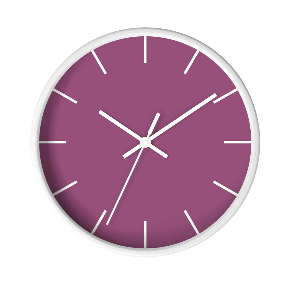 Lavender red plum silent wall clock, white base, white hands, white markers, 10 inch, front view.