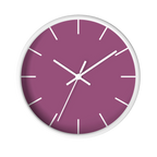 Lavender red plum silent wall clock, white base, white hands, white markers, 10 inch, front view.