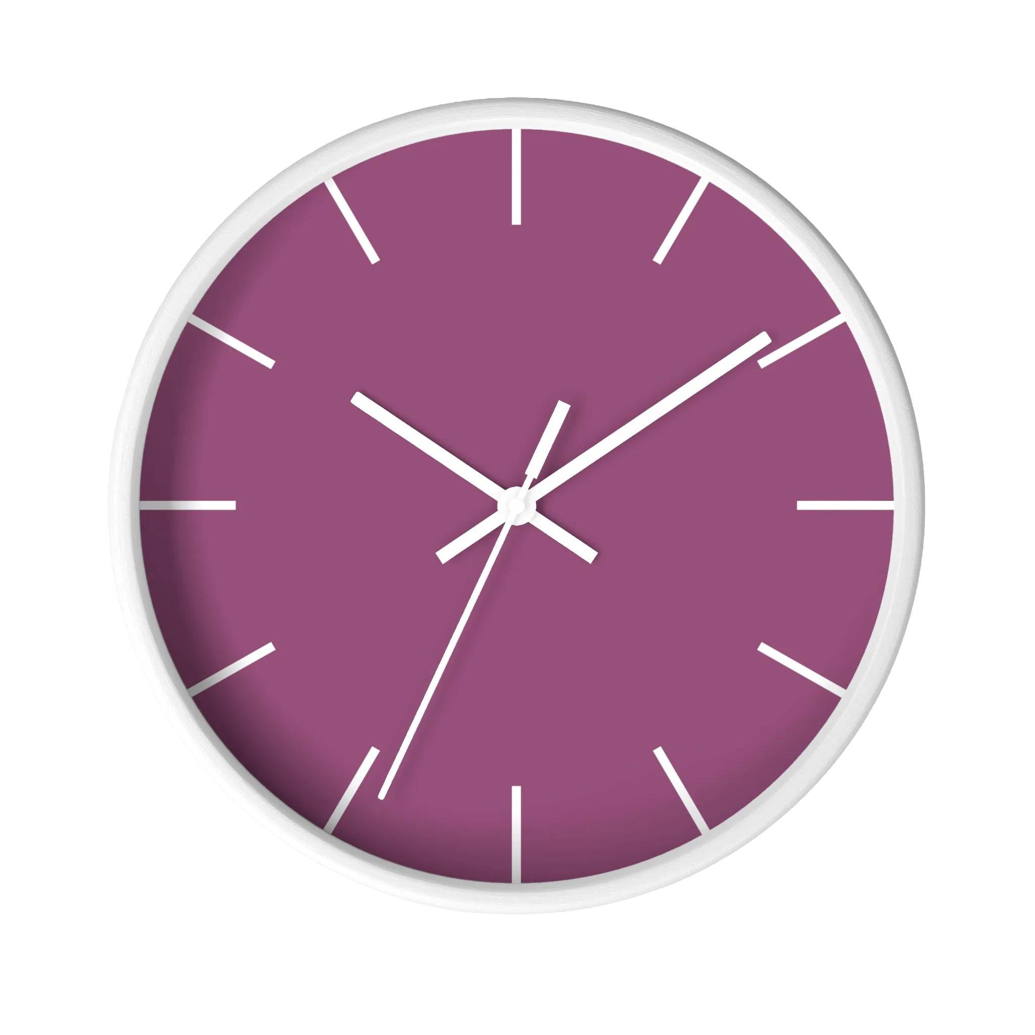 Lavender red plum silent wall clock, white base, white hands, white markers, 10 inch, front view.