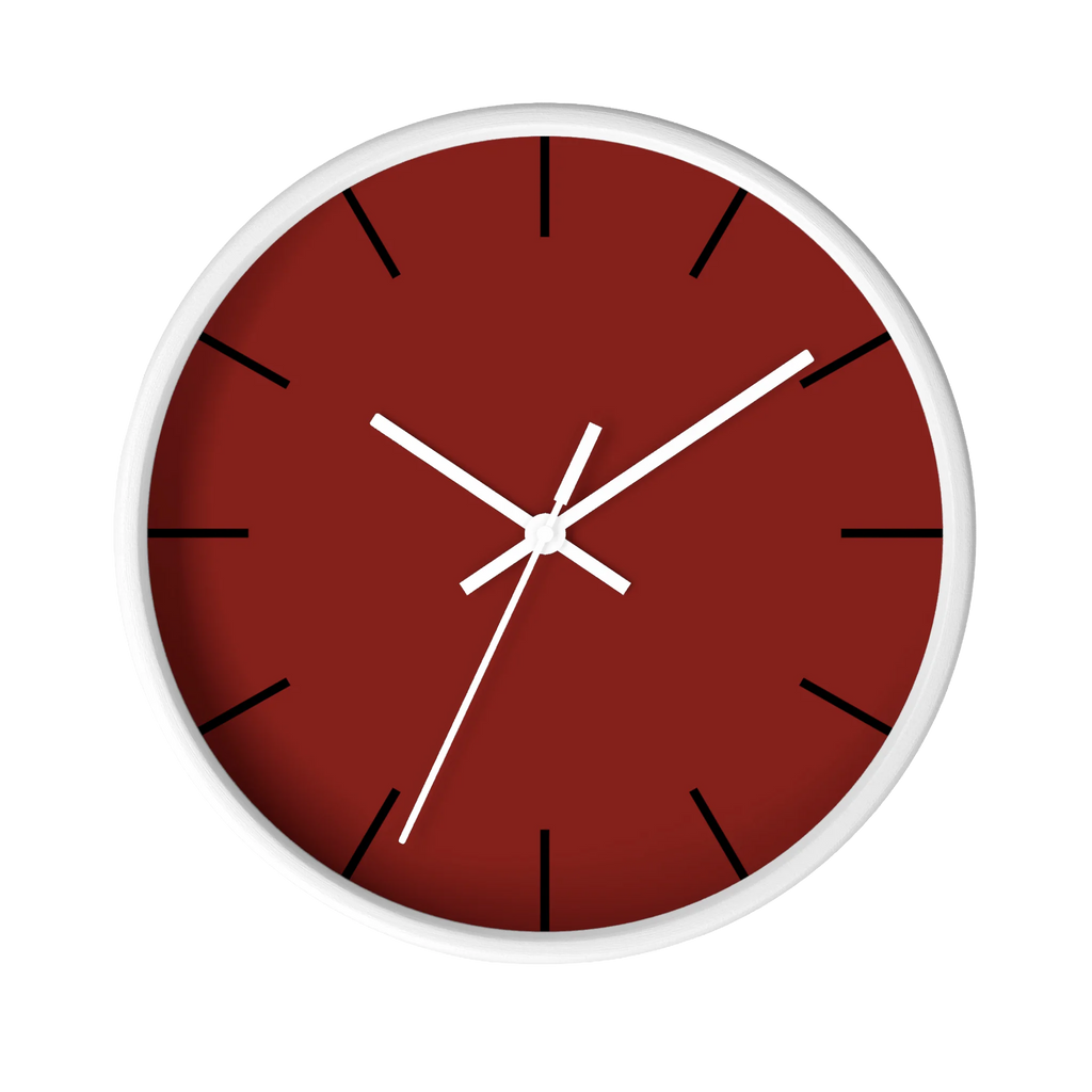 Maroon bloodstone red silent wall clock, white base, white hands, black markers, 10 inch, front view.