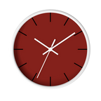 Maroon bloodstone red silent wall clock, white base, white hands, black markers, 10 inch, front view.