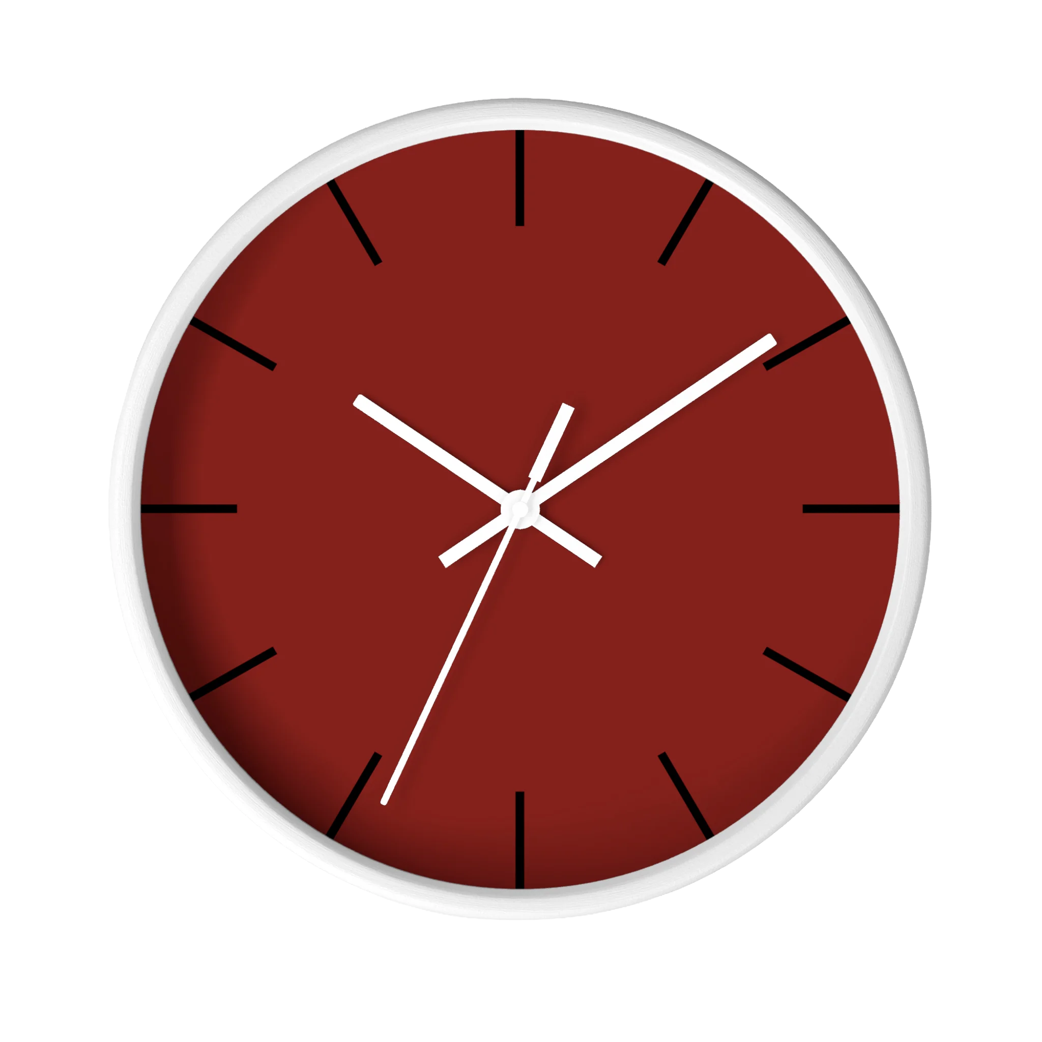 Maroon bloodstone red silent wall clock, white base, white hands, black markers, 10 inch, front view.