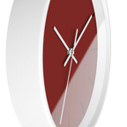 Maroon bloodstone red silent wall clock, white base, white hands, black markers, 10 inch, side view.
