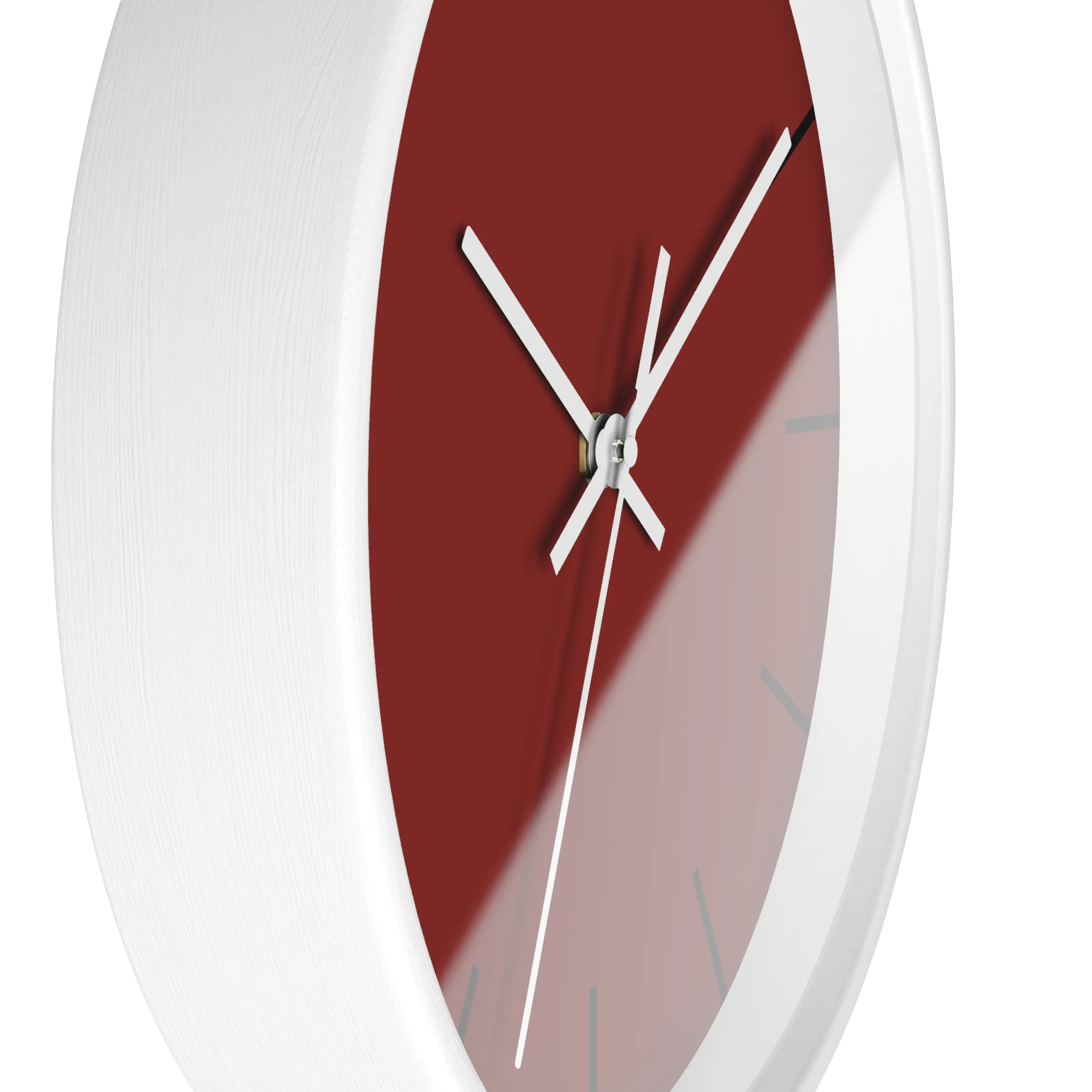 Maroon bloodstone red silent wall clock, white base, white hands, black markers, 10 inch, side view.