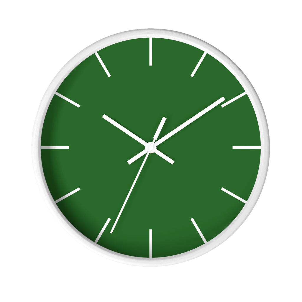 Mughal green silent wall clock, white base, white hands, white markers, 10 inch, front view.