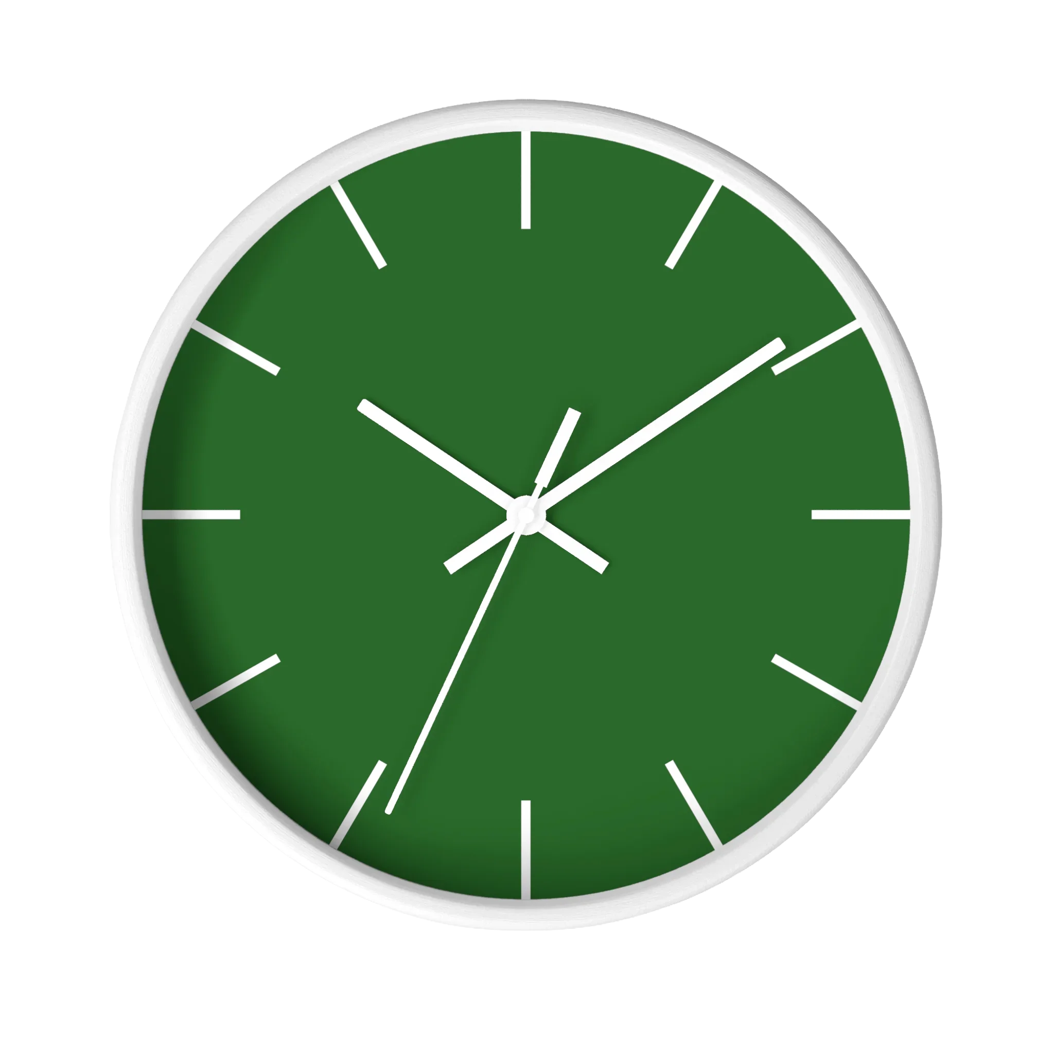 Mughal green silent wall clock, white base, white hands, white markers, 10 inch, front view.