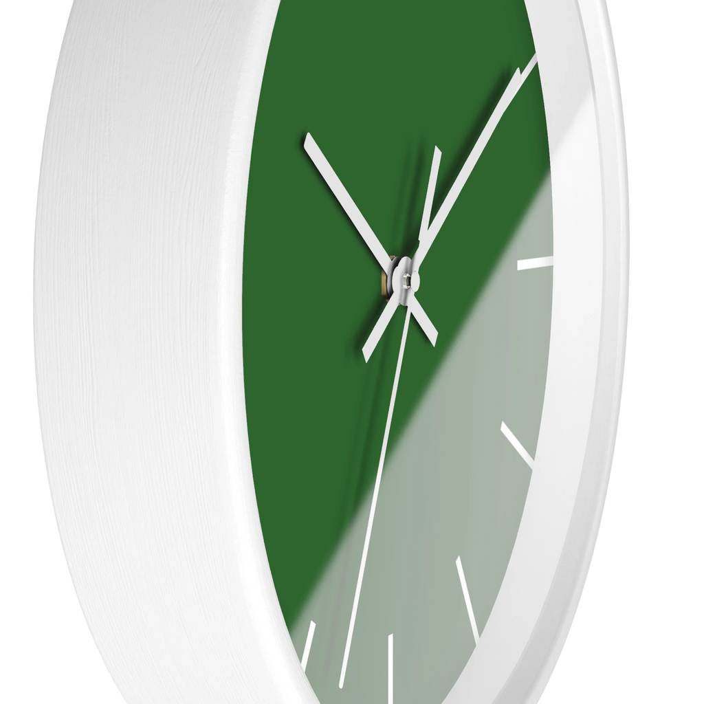 Mughal green silent wall clock, white base, white hands, white markers, 10 inch, side view.